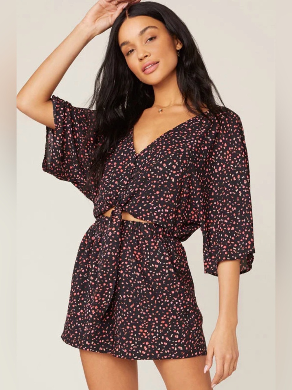BB Dakota Black Pink Printed Tie Front Romper Women's Small